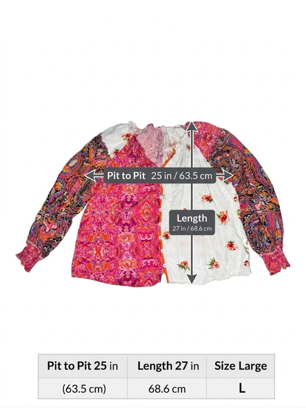 Boho Floral Patchwork Blouse Viscose Long Sleeve Cottagecore Top L - Picture 2 of 8